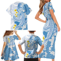 Blue Hawaii Shark Tattoo Family Matching Short Sleeve Bodycon Dress and Hawaiian Shirt Puakenikeni Lei Plumeria Polynesian Pattern LT14 - Polynesian Pride