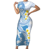 Blue Hawaii Shark Tattoo Short Sleeve Bodycon Dress Puakenikeni Lei Plumeria Polynesian Pattern LT14 Long Dress Blue - Polynesian Pride
