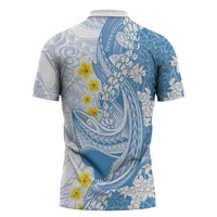 Blue Hawaii Shark Tattoo Zipper Polo Shirt Puakenikeni Lei Plumeria Polynesian Pattern LT14 - Polynesian Pride