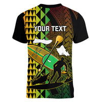 Personalised Paddle Board Hawaii Women V Neck T Shirt Molokai 2 Oahu World Championships Kakau Pattern LT14 - Polynesian Pride