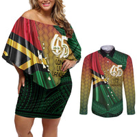 Personalised Long Live Vanuatu Independence Day Couples Matching Off Shoulder Short Dress and Long Sleeve Button Shirt 45th Anniversary Woven Pattern - Polynesian Pride