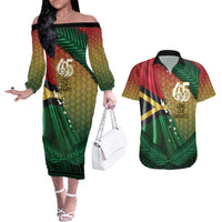 Personalised Long Live Vanuatu Independence Day Couples Matching Off The Shoulder Long Sleeve Dress and Hawaiian Shirt 45th Anniversary Woven Pattern - Polynesian Pride