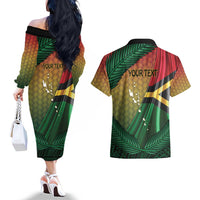 Personalised Long Live Vanuatu Independence Day Couples Matching Off The Shoulder Long Sleeve Dress and Hawaiian Shirt 45th Anniversary Woven Pattern - Polynesian Pride