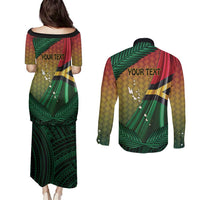 Personalised Long Live Vanuatu Independence Day Couples Matching Puletasi and Long Sleeve Button Shirt 45th Anniversary Woven Pattern - Polynesian Pride