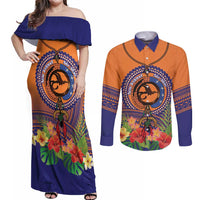 PNG New Ireland Province Couples Matching Off Shoulder Maxi Dress and Long Sleeve Button Shirt Niu Ailan Necklace Polynesian Tattoo - Polynesian Pride