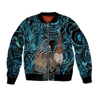 New Zealand Tui Bird Taiaha Bomber Jacket Maori Weapon Paua Shell Mix Silver Fern