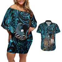 New Zealand Tui Bird Taiaha Couples Matching Off Shoulder Short Dress and Hawaiian Shirt Maori Weapon Paua Shell Mix Silver Fern