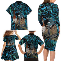 New Zealand Tui Bird Taiaha Family Matching Long Sleeve Bodycon Dress and Hawaiian Shirt Maori Weapon Paua Shell Mix Silver Fern