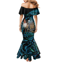 New Zealand Tui Bird Taiaha Family Matching Mermaid Dress and Hawaiian Shirt Maori Weapon Paua Shell Mix Silver Fern