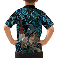 New Zealand Tui Bird Taiaha Family Matching Off Shoulder Maxi Dress and Hawaiian Shirt Maori Weapon Paua Shell Mix Silver Fern