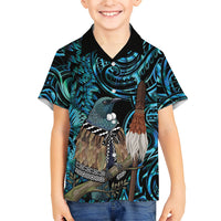 New Zealand Tui Bird Taiaha Family Matching Puletasi and Hawaiian Shirt Maori Weapon Paua Shell Mix Silver Fern