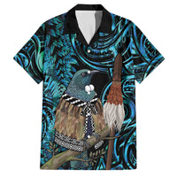 New Zealand Tui Bird Taiaha Family Matching Short Sleeve Bodycon Dress and Hawaiian Shirt Maori Weapon Paua Shell Mix Silver Fern