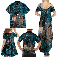 New Zealand Tui Bird Taiaha Family Matching Summer Maxi Dress and Hawaiian Shirt Maori Weapon Paua Shell Mix Silver Fern