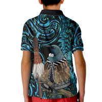 New Zealand Tui Bird Taiaha Kid Polo Shirt Maori Weapon Paua Shell Mix Silver Fern