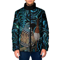 New Zealand Tui Bird Taiaha Padded Jacket Maori Weapon Paua Shell Mix Silver Fern LT14 Men Turquoise - Polynesian Pride
