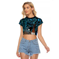 New Zealand Tui Bird Taiaha Raglan Cropped T Shirt Maori Weapon Paua Shell Mix Silver Fern