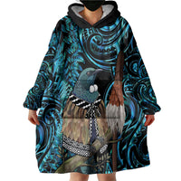 New Zealand Tui Bird Taiaha Wearable Blanket Hoodie Maori Weapon Paua Shell Mix Silver Fern