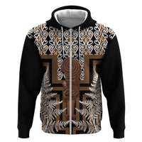 Wahaika New Zealand Hoodie Maori Weapon Kowhaiwhai Fern Poutama Motifs LT14 Zip Hoodie Brown - Polynesian Pride