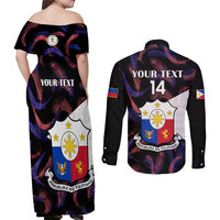 Custom Philippines Football Couples Matching Off Shoulder Maxi Dress and Long Sleeve Button Shirts 2023 World Cup Go Filipinas Feather Black Version LT14 - Polynesian Pride