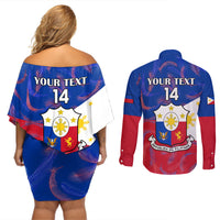 Custom Philippines Football Couples Matching Off Shoulder Short Dress and Long Sleeve Button Shirts 2023 World Cup Go Filipinas Feather Flag Version LT14 - Polynesian Pride