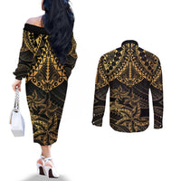 Black and Gold Polynesia Couples Matching Off The Shoulder Long Sleeve Dress and Long Sleeve Button Shirt Plumeria Tattoo With Polynesian Pattern