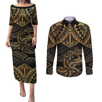 Black and Gold Polynesia Couples Matching Puletasi and Long Sleeve Button Shirt Plumeria Tattoo With Polynesian Pattern