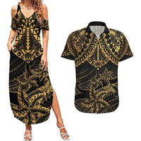 Black and Gold Polynesia Couples Matching Summer Maxi Dress and Hawaiian Shirt Plumeria Tattoo With Polynesian Pattern