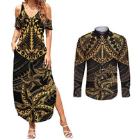 Black and Gold Polynesia Couples Matching Summer Maxi Dress and Long Sleeve Button Shirt Plumeria Tattoo With Polynesian Pattern