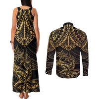 Black and Gold Polynesia Couples Matching Tank Maxi Dress and Long Sleeve Button Shirt Plumeria Tattoo With Polynesian Pattern
