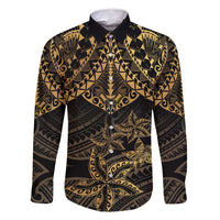 Black and Gold Polynesia Family Matching Off Shoulder Maxi Dress and Hawaiian Shirt Plumeria Tattoo With Polynesian Pattern LT14 Dad's Shirt - Long Sleeve Black - Polynesian Pride