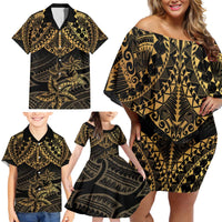 Black and Gold Polynesia Family Matching Off Shoulder Short Dress and Hawaiian Shirt Plumeria Tattoo With Polynesian Pattern LT14 - Polynesian Pride