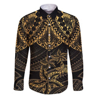 Black and Gold Polynesia Family Matching Off Shoulder Short Dress and Hawaiian Shirt Plumeria Tattoo With Polynesian Pattern LT14 Dad's Shirt - Long Sleeve Black - Polynesian Pride