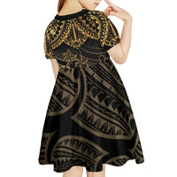 Black and Gold Polynesia Kid Short Sleeve Dress Plumeria Tattoo With Polynesian Pattern LT14 - Polynesian Pride