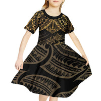 Black and Gold Polynesia Kid Short Sleeve Dress Plumeria Tattoo With Polynesian Pattern LT14 - Polynesian Pride