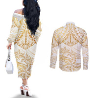 White and Gold Polynesia Couples Matching Off The Shoulder Long Sleeve Dress and Long Sleeve Button Shirt Plumeria Tattoo With Polynesian Pattern