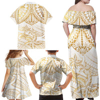 White and Gold Polynesia Family Matching Off Shoulder Maxi Dress and Hawaiian Shirt Plumeria Tattoo With Polynesian Pattern LT14 - Polynesian Pride