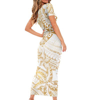 White and Gold Polynesia Family Matching Short Sleeve Bodycon Dress and Hawaiian Shirt Plumeria Tattoo With Polynesian Pattern LT14 - Polynesian Pride