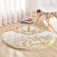 White and Gold Polynesia Round Carpet Plumeria Tattoo With Polynesian Pattern