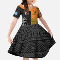 Custom Fiji And Australia Rugby Family Matching Off The Shoulder Long Sleeve Dress and Hawaiian Shirt Fijian Tapa Pattern With Aussie Aboriginal Art LT14 Daughter's Dress Black - Polynesian Pride