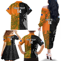 Custom Fiji And Australia Rugby Family Matching Off The Shoulder Long Sleeve Dress and Hawaiian Shirt Fijian Tapa Pattern With Aussie Aboriginal Art LT14 - Polynesian Pride