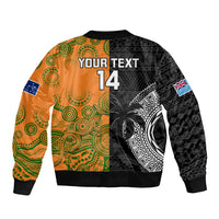 Custom Fiji And Australia Rugby Sleeve Zip Bomber Jacket Fijian Tapa Pattern With Aussie Aboriginal Art