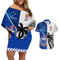 Fiji And Samoa Rugby Couples Matching Off Shoulder Short Dress and Hawaiian Shirt 2023 World Cup Samoan Mix Tapa Pattern LT14 Blue - Polynesian Pride