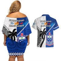 Fiji And Samoa Rugby Couples Matching Off Shoulder Short Dress and Hawaiian Shirt 2023 World Cup Samoan Mix Tapa Pattern LT14 - Polynesian Pride