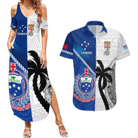 Fiji And Samoa Rugby Couples Matching Summer Maxi Dress and Hawaiian Shirt 2023 World Cup Samoan Mix Tapa Pattern LT14 Blue - Polynesian Pride
