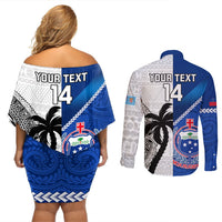 Custom Fiji And Samoa Rugby Couples Matching Off Shoulder Short Dress and Long Sleeve Button Shirts 2023 World Cup Samoan Mix Tapa Pattern LT14 - Polynesian Pride