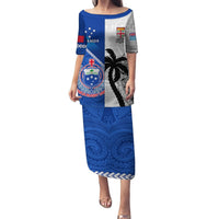Custom Fiji And Samoa Rugby Puletasi 2023 World Cup Samoan Mix Tapa Pattern LT14 Long Dress Blue - Polynesian Pride