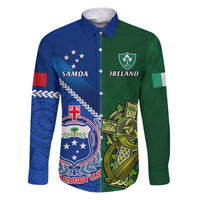 Custom Samoa And Ireland Rugby Family Matching Puletasi Dress and Hawaiian Shirt 2023 World Cup Manu Samoa With Shamrocks LT14 Dad's Shirt - Long Sleeve Blue - Polynesian Pride