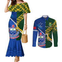 Custom Samoa And South Africa Rugby Couples Matching Mermaid Dress and Long Sleeve Button Shirts 2023 World Cup Manu Samoa With Springboks LT14 Blue - Polynesian Pride
