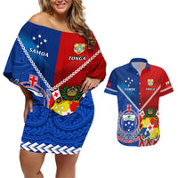 Custom Samoa And Tonga Rugby Couples Matching Off Shoulder Short Dress and Hawaiian Shirt 2023 World Cup Manu Samoa With Ikale Tahi LT14 Blue - Polynesian Pride