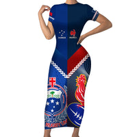 Samoa And France Rugby Short Sleeve Bodycon Dress 2023 World Cup Manu Samoa With Les Bleus LT14 Long Dress Blue - Polynesian Pride